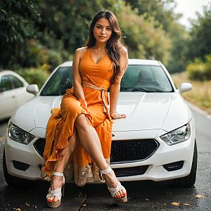 Stylish Woman in Orange Dress on White Car