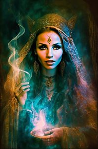 Mystical Woman with Headdress and Glowing Orb