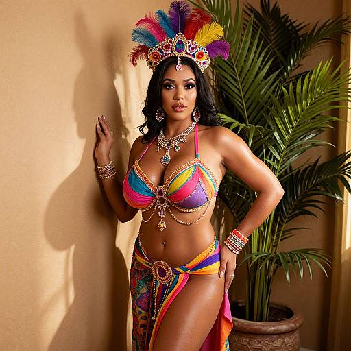 Colorful Carnival Costume Woman with Feathered Headpiece Indoors