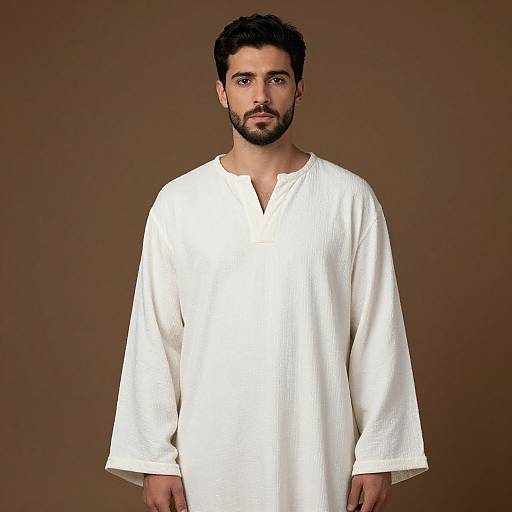 Man Wearing White Loose Tunic on Brown Background