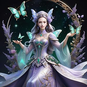 Graceful Woman in Flowing Gown with Butterflies
