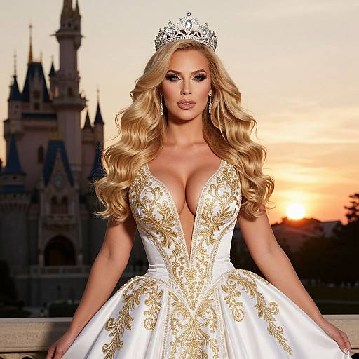 Elegant Blonde Woman in Embroidered Gown and Tiara at Sunset Castle