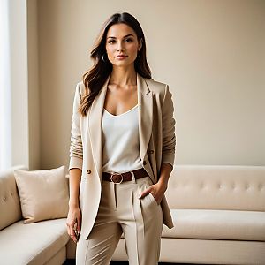 Confident Woman in Beige Suit