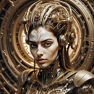 Futuristic Cybernetic Woman with Intricate Golden Machinery