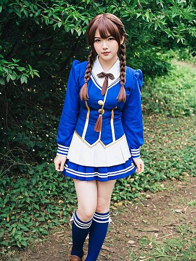 Young Woman in Blue Japanese School Uniform Cosplay Outdoors