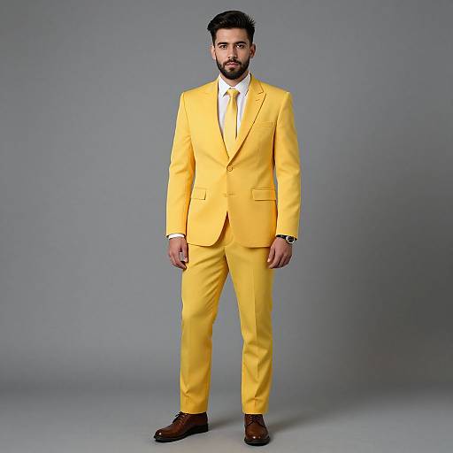 Man Wearing Bright Yellow Suit with Tie and Brown Shoes