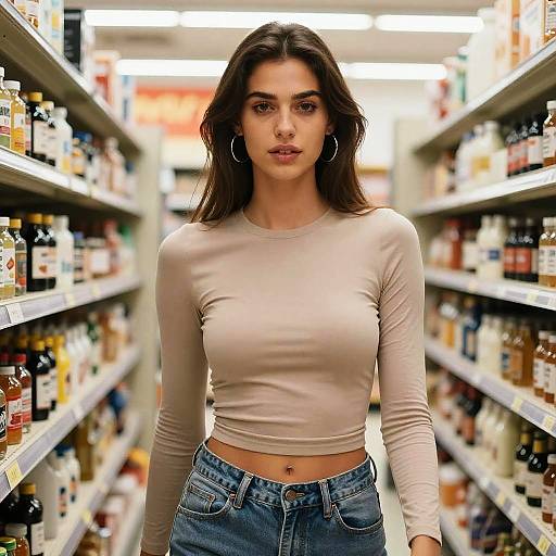 Young Woman Wearing Crop Top and Jeans in Grocery Store Aisle Gen Z Style
