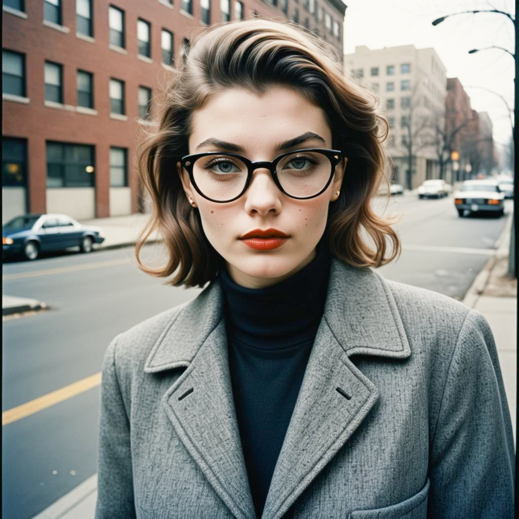 Elegant Woman in Stylish Glasses Against Urban Backdrop