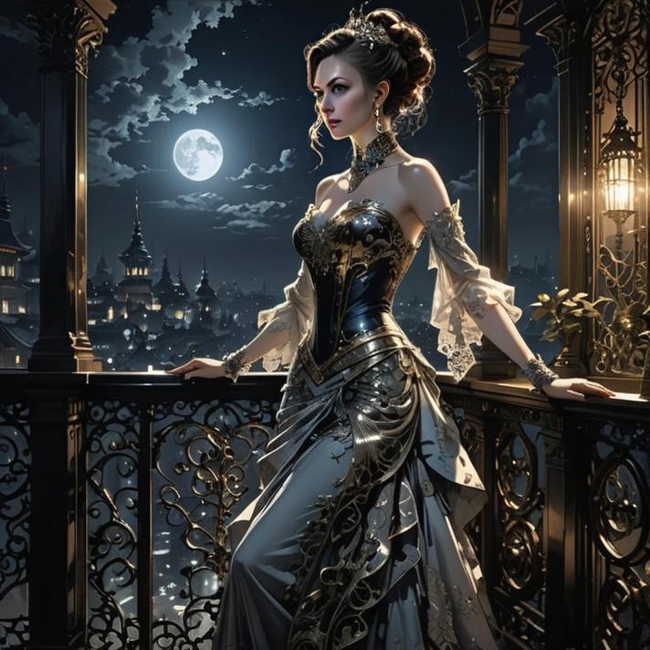 Elegant Victorian Woman on Balcony Under Moonlight