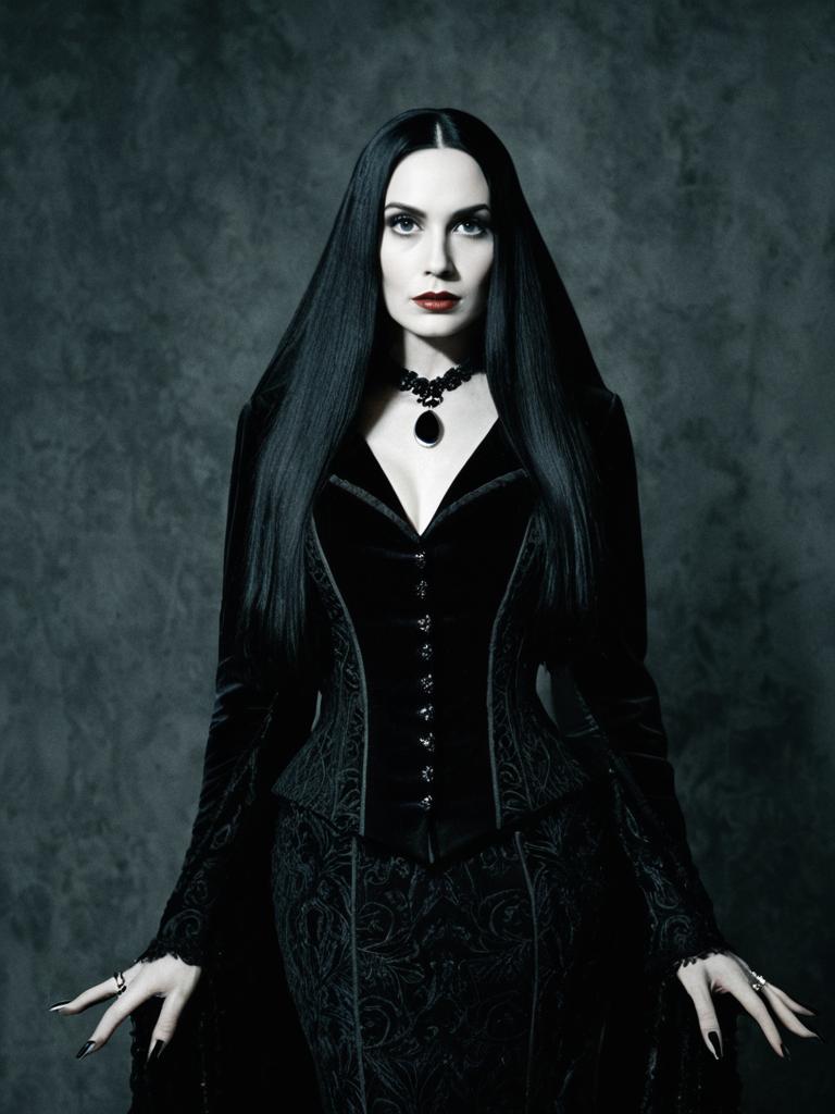 Woman in Morticia Addams Costume Gothic Style