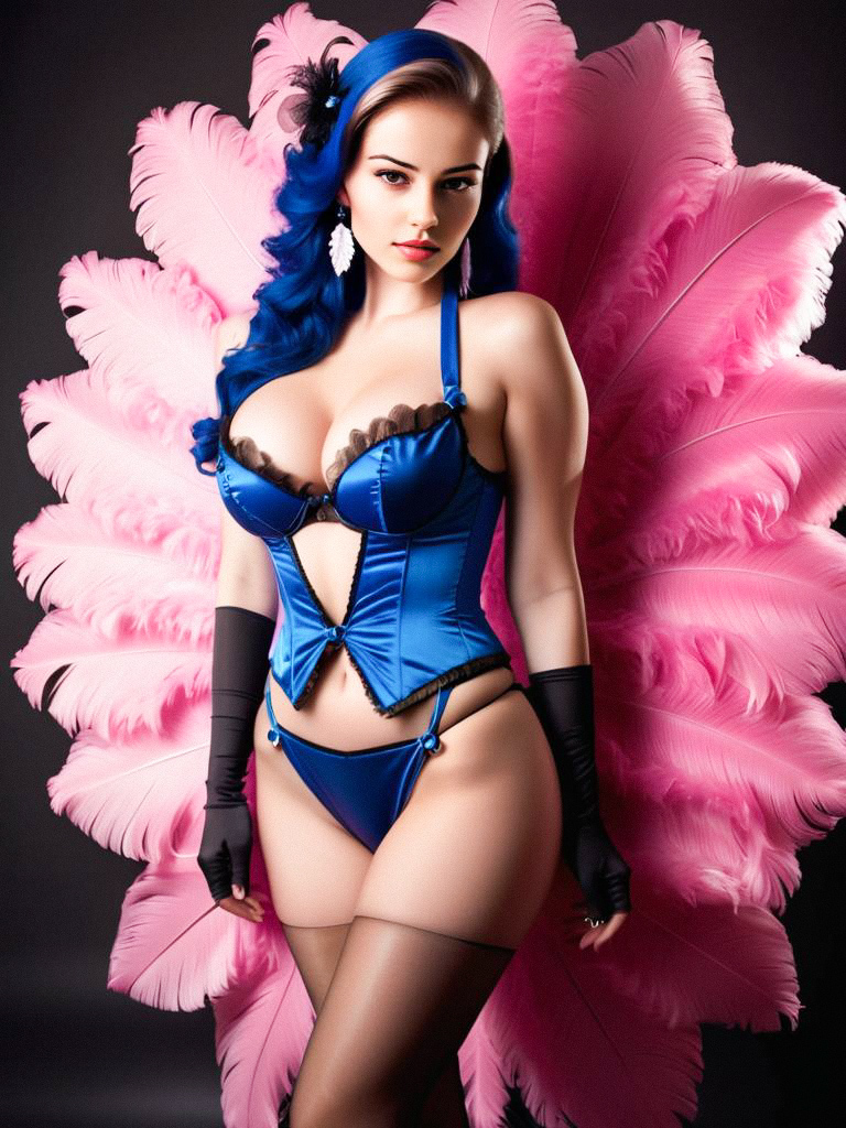 Glamorous Woman in Blue Lingerie with Pink Feathers