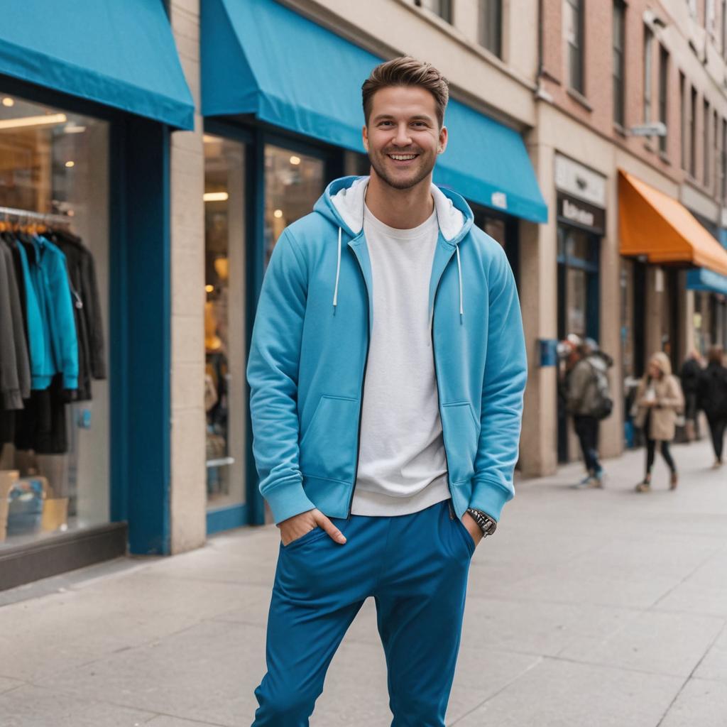 Smiling Man in Blue Tracksuit on City Street