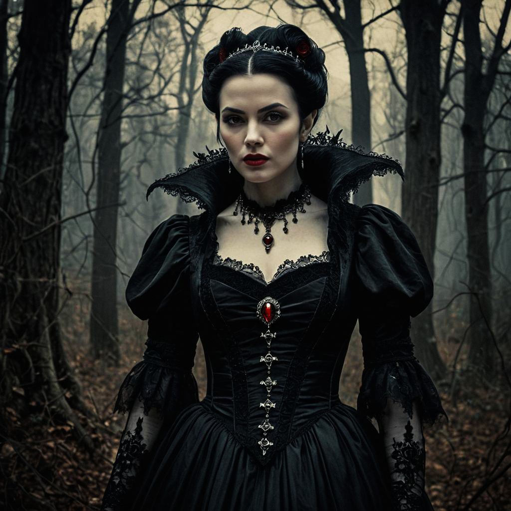 Victorian Gothic Woman in Misty Forest