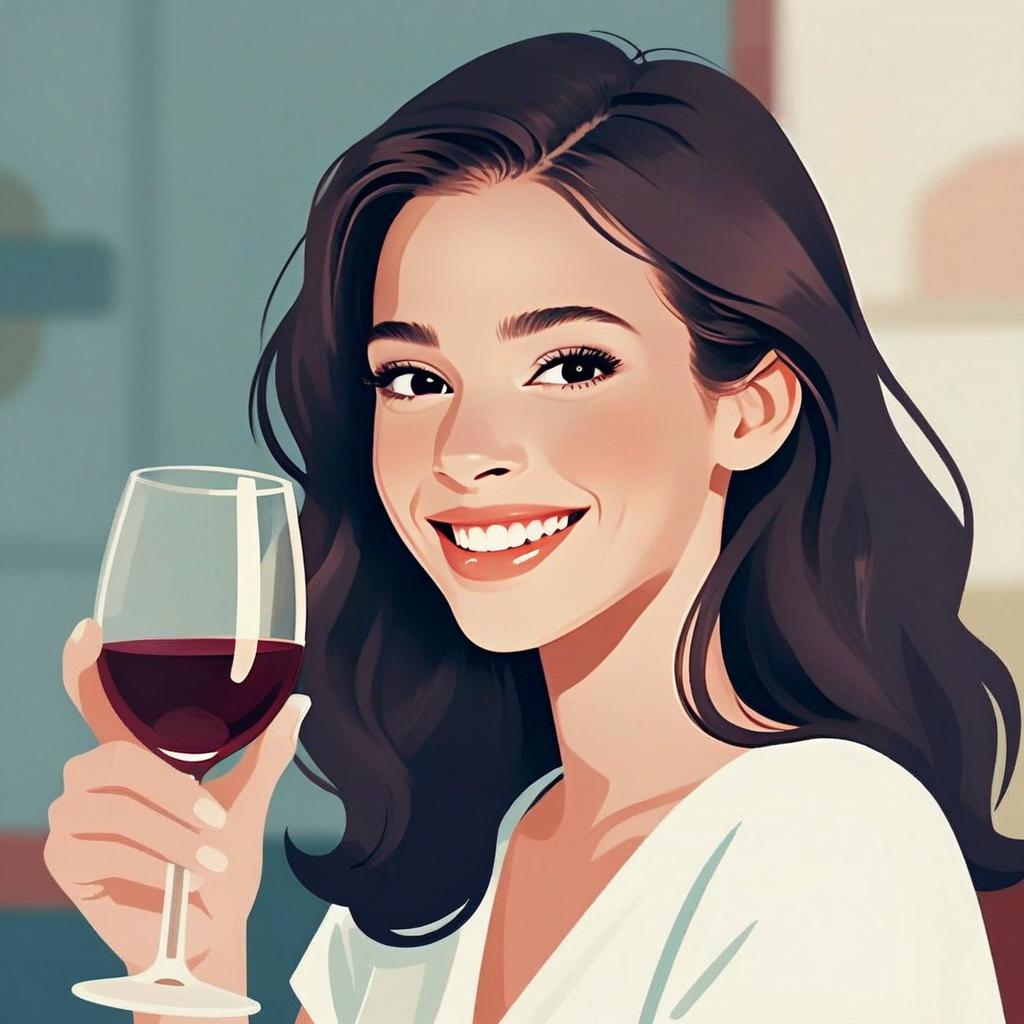 Joyful Young Woman Enjoying Red Wine in Vector Art Style
