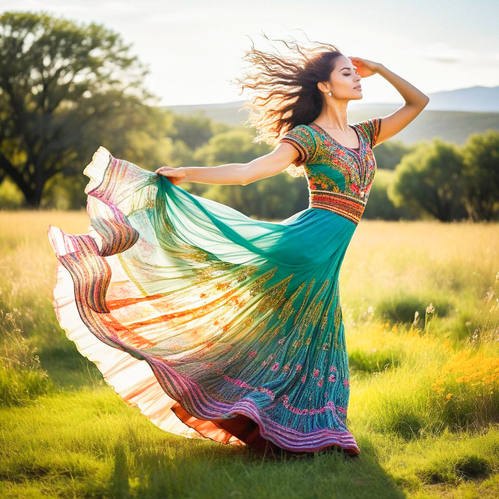 Graceful Woman Twirling in Ornate Dress