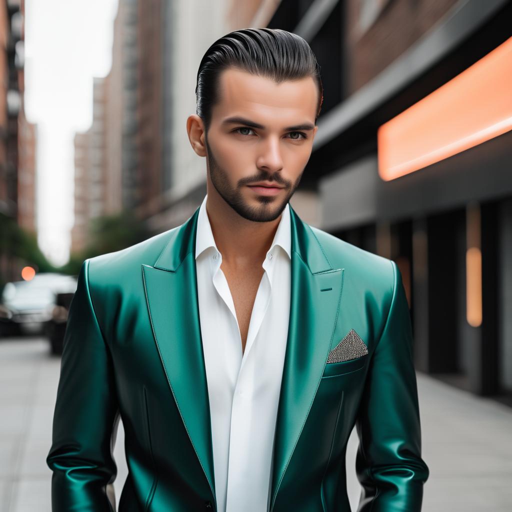 Stylish Man in Green Suit on City Street