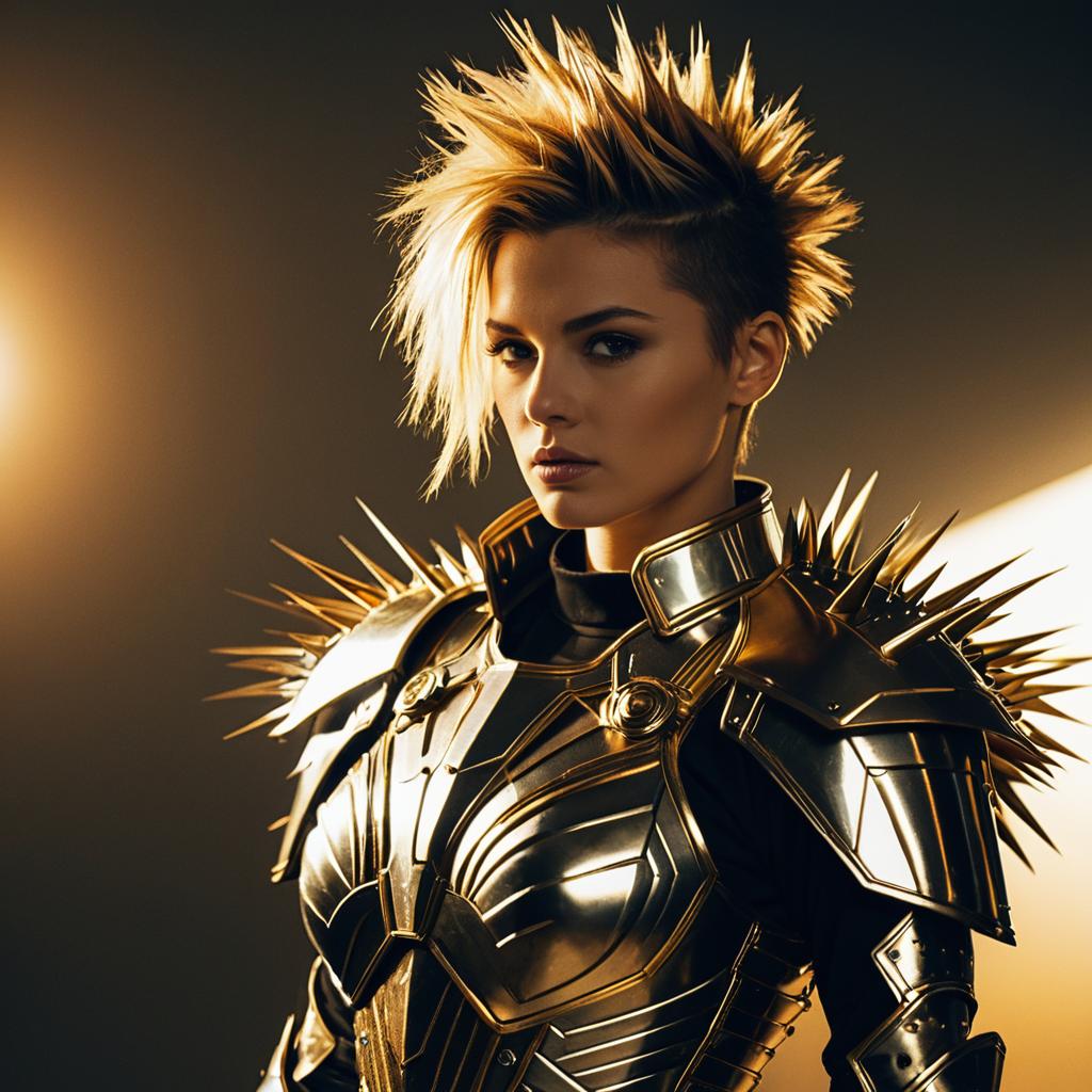 Woman in Spiked Golden Armor with Fierce Hairstyle