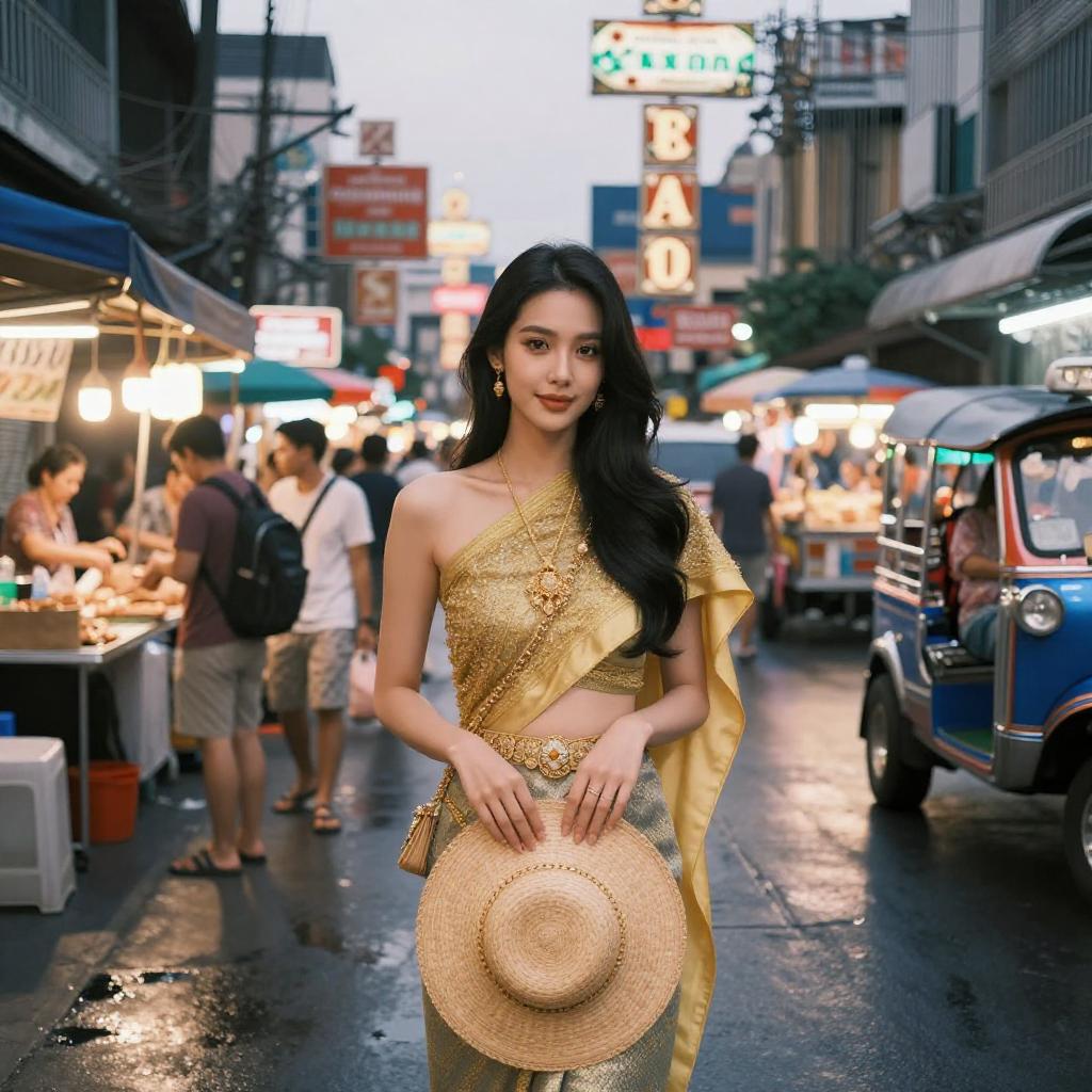 Thai Woman in Traditional Gold Dress at Bustling Evening Street Market