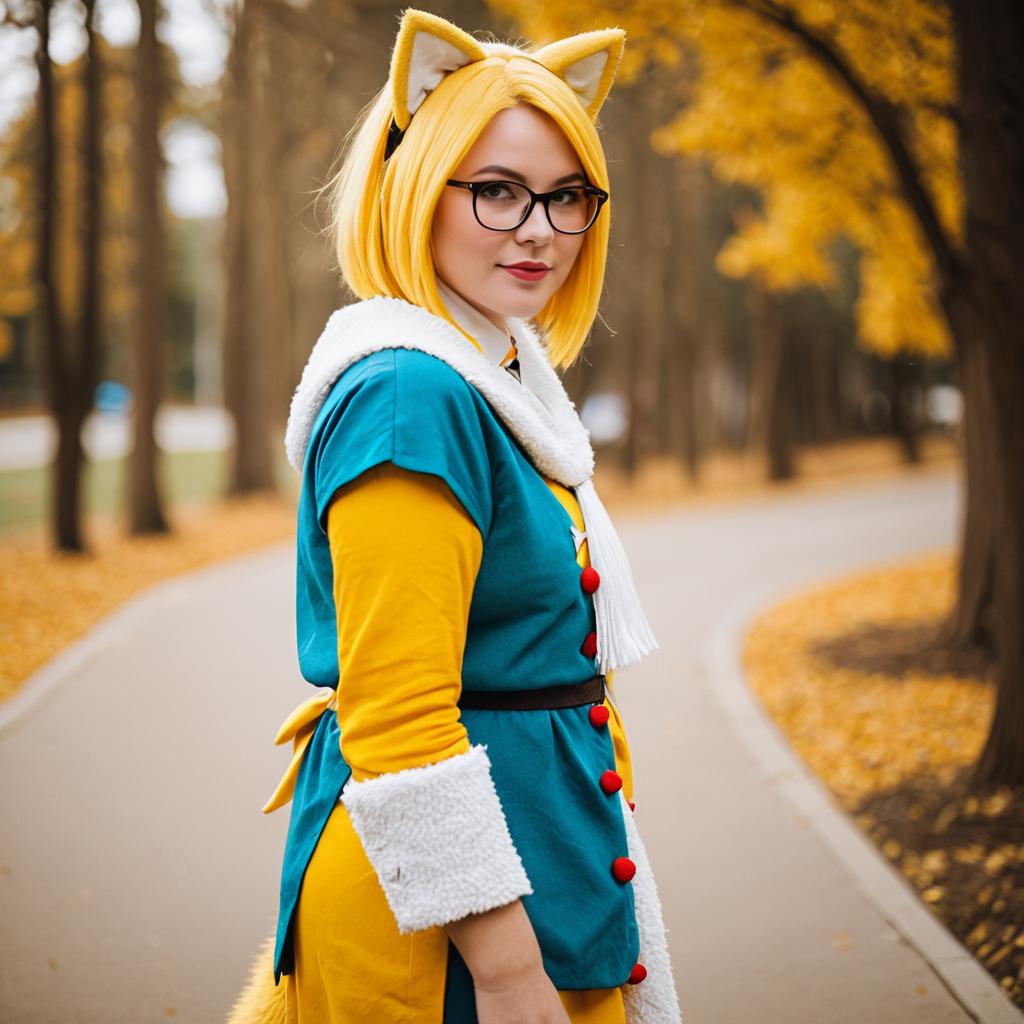 Woman in Fox Cosplay Costume with Yellow Hair and Autumn Background