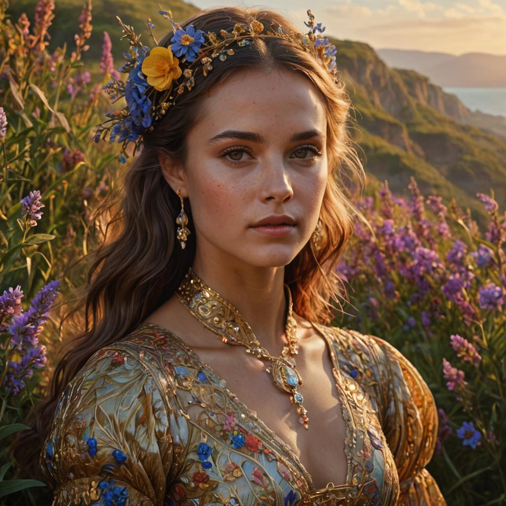 Woman with Artistic Makeup and Floral Headdress