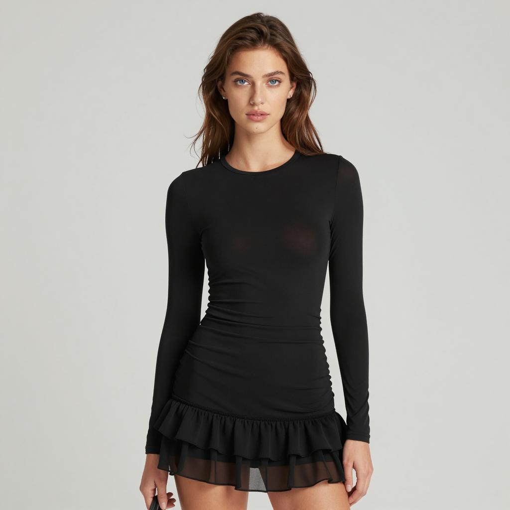 Young Woman in Sheer Black Long Sleeve Dress with Ruffled Hem Gen Z Style