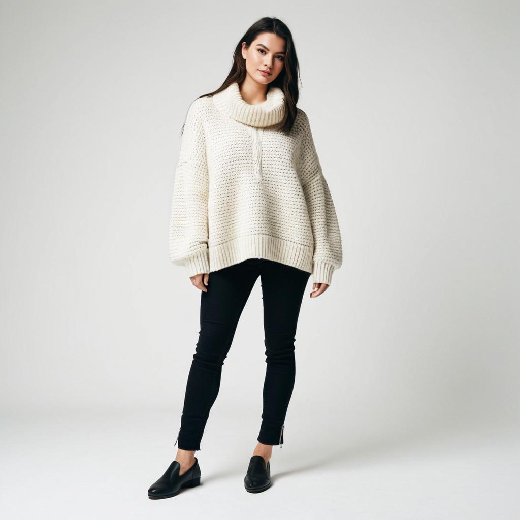 Woman in Cream Oversized Knit Sweater and Black Skinny Pants Standing in Minimalist Studio