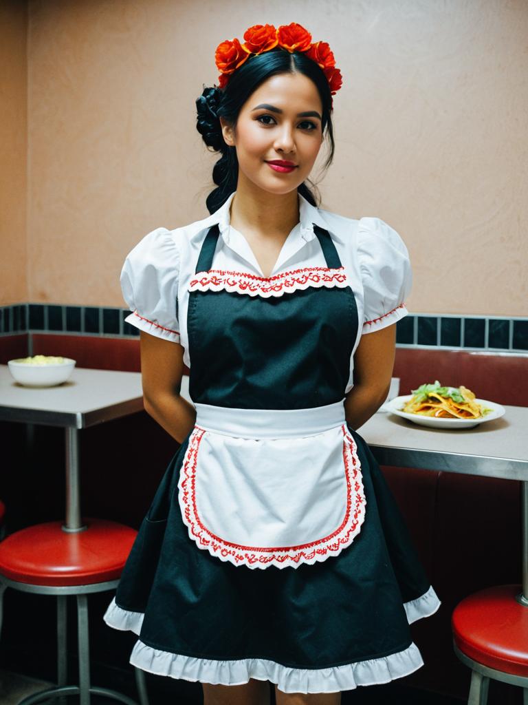 Woman in Mexican Waitress Costume Full Body Cosplay Photo with Apron