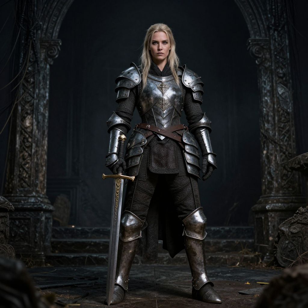 Medieval Woman Knight in Full Armor Holding Sword in Gothic Hall