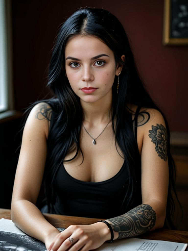 Confident Woman with Tattoos in Warm Tones