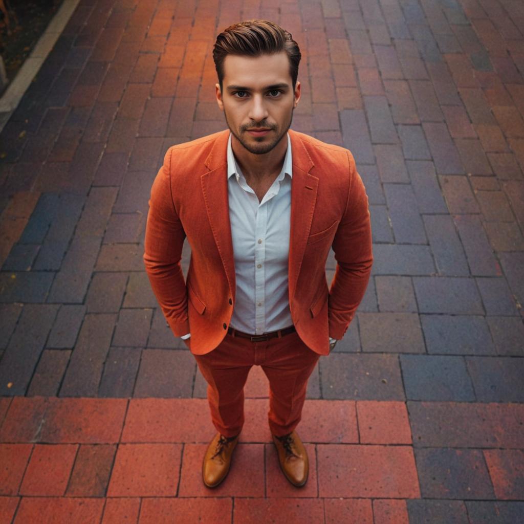 Stylish Man in Orange Suit from Overhead Perspective