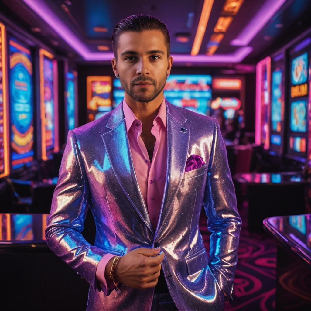 Stylish man in metallic suit at casino