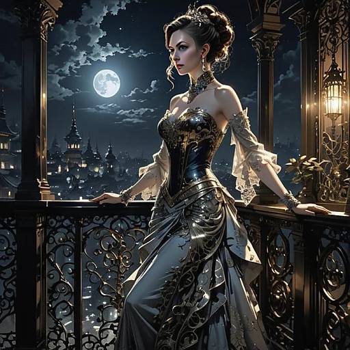 Elegant Victorian Woman on Balcony Under Moonlight
