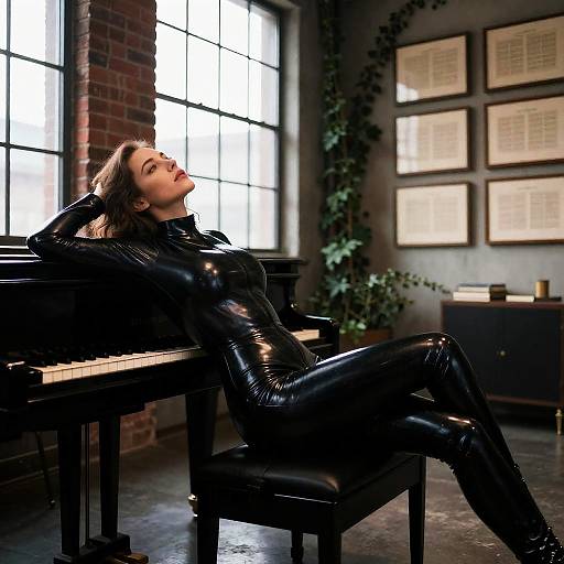 Woman in Black Latex Bodysuit Relaxing by Piano in Industrial Loft
