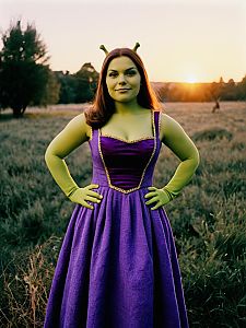 Woman in Purple Dress Shrek Costume Photorealistic Outdoor Portrait