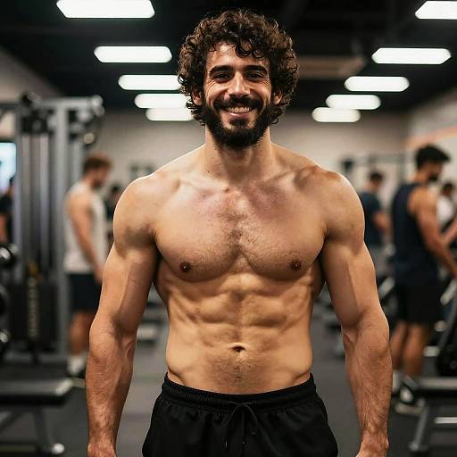 Muscular Man with Defined Abs Smiling in Gym