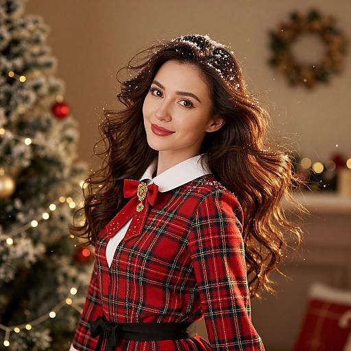 Festive Woman in Red Tartan Dress by Christmas Tree