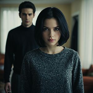 Dramatic Film Style Portrait of Woman in Gray Sweater with Man in Background