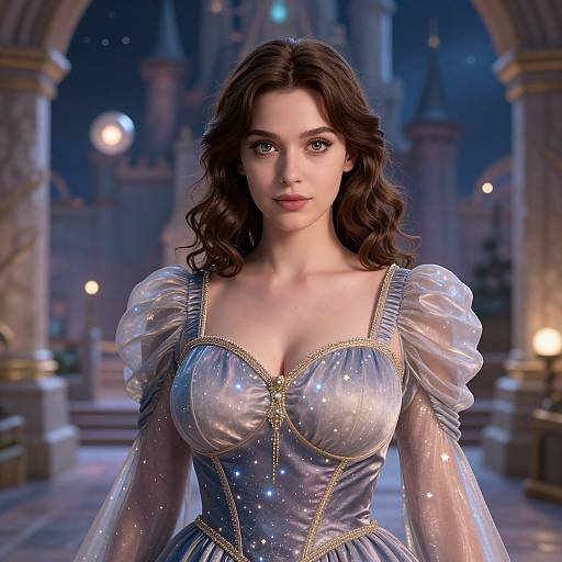 Elegant Woman in Shimmering Fairy Tale Gown in Castle Interior