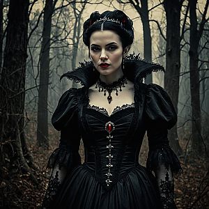 Victorian Gothic Woman in Misty Forest