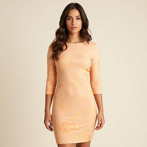 Woman Wearing Peach Floral Fitted Dress with Three-Quarter Sleeves