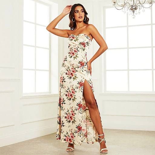 Elegant Woman in Strapless Floral Maxi Dress with Thigh-High Slit
