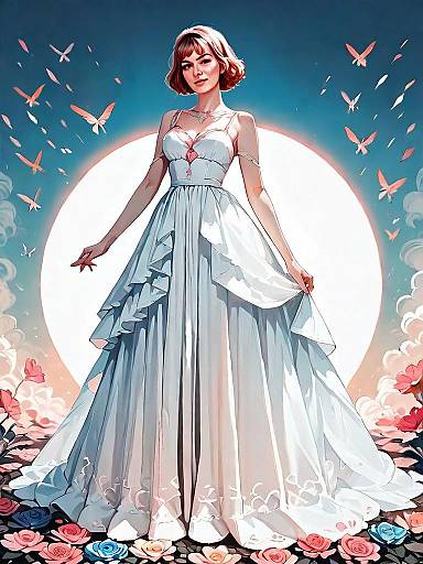 Realistic Woman in Satin Lace-Up A-Line Dress with Moonlit Floral Background