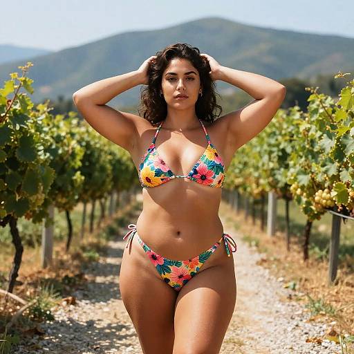 Woman in Floral Bikini Posing in Vineyard on Sunny Day