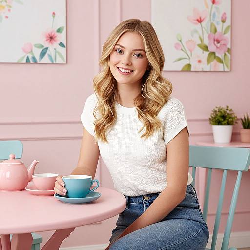 Smiling Blonde Woman Enjoying Tea in Pastel Floral Cafe Setting