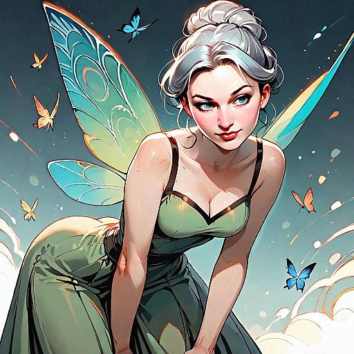 Digital Artwork of Elegant Fairy with Butterfly Wings and Silver Hair