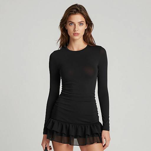 Young Woman in Sheer Black Long Sleeve Dress with Ruffled Hem Gen Z Style