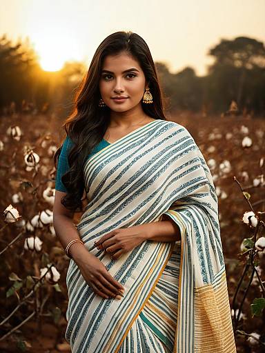 Woman in Malmal Cotton Saree Photorealistic Outdoor Portrait at Golden Hour