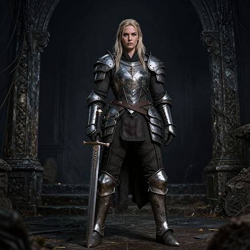 Medieval Woman Knight in Full Armor Holding Sword in Gothic Hall
