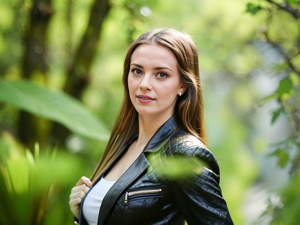 Woman in Black Leather Jacket Surrounded by Greenery