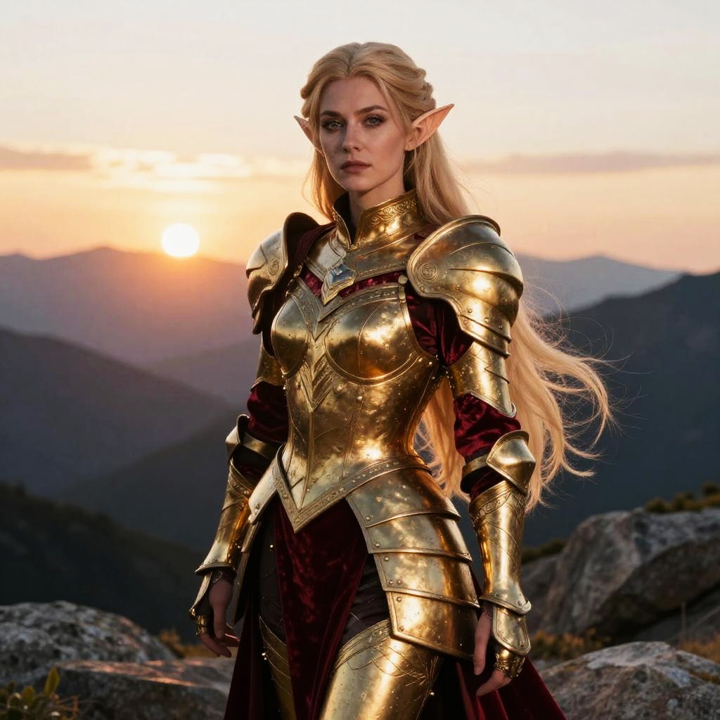 Fantasy Elf Woman in Golden Armor at Sunset